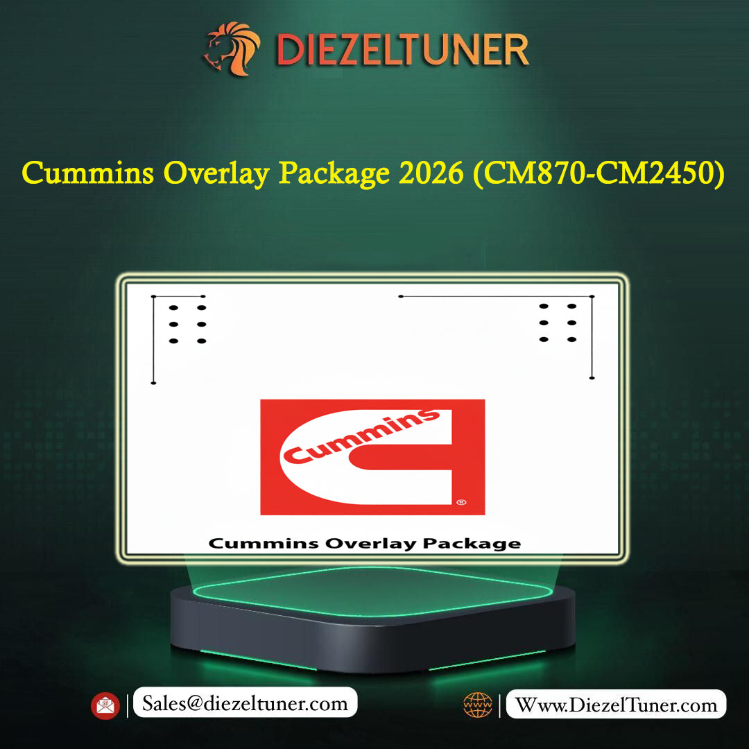 Promotional graphic for a Cummins overlay package 2026 by Diezeltuner, showing a monitor-like screen with the Cummins logo and text on a dark green background.