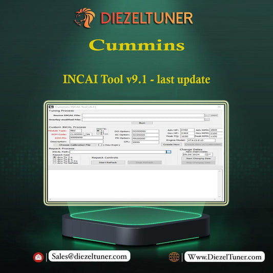 Computer monitor displaying DIEZELTUNER Cummins INCAI Tool v9.1 on a dark green background.