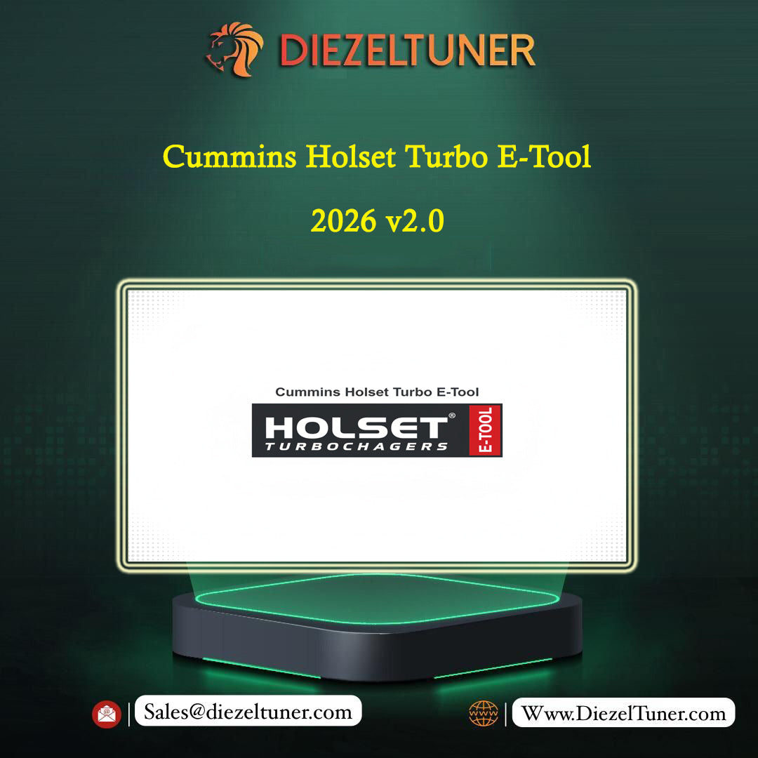 Promotional graphic for the Cummins Holset Turbo E-Tool 2026 v2.0 by Diezeltuner, showing a computer monitor mockup with the Holset Turbo Changers E-Tool logo on a dark green background.