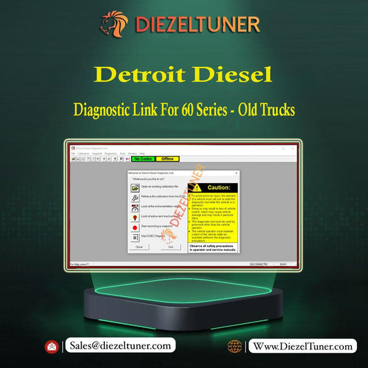 Promotional image for Detroit Diesel Diagnostic Link software showing the product's interface on a computer screen with the Detroit Diesel logo and contact information.