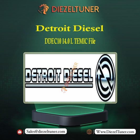 Product image featuring the DETROIT Diesel DDEC10 14.0 L TEMIC File, displaying the brand logo on a illuminated stand, predominantly green with the DETROIT Diesel text.