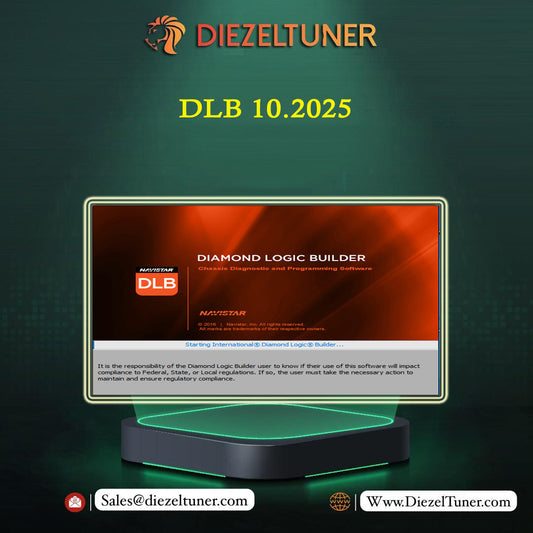 Promotional graphic for Diezeltuner DLB 10.2025, showing a computer monitor with the Diamond Logic Builder interface and a black desktop stand on a dark green background.