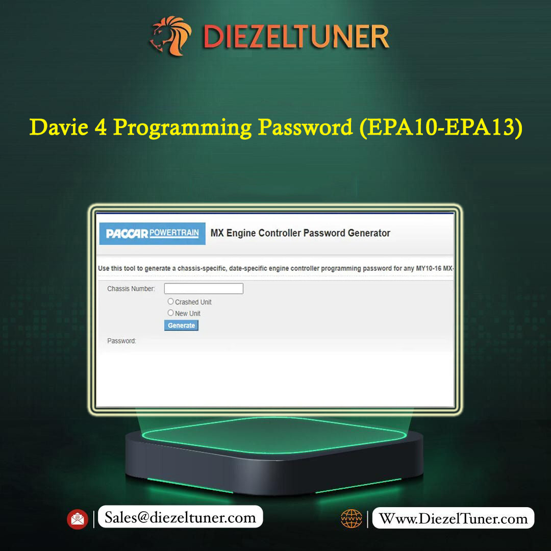 Promotional graphic for a Davide 4 engine controller password generator tool by Diezeltuner, showing a software interface mockup on a monitor with green glow effects against a dark green background.