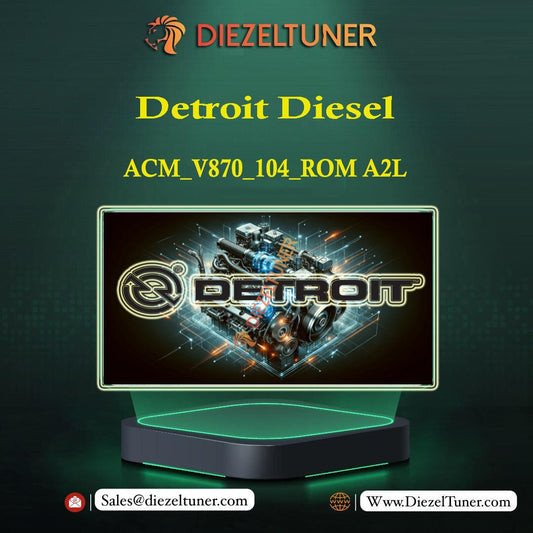 Product image featuring the Detroit Diesel logo with a green light illuminating the brand name, displayed on a dark background with a text overlay 'ACM_V870_104_ROM A2L'.