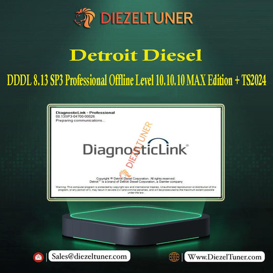 Promotional image featuring the Detroit Diesel Diagnostic Link software interface on a computer monitor with branding and contact information for Diezeltuner.
