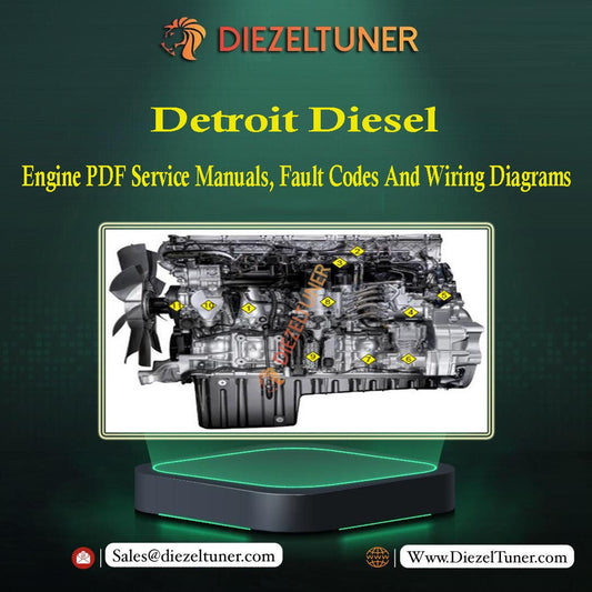 Promotional image featuring the Detroit Diesel logo, showcasing service manuals, fault codes, and wiring diagrams available on a USB device.