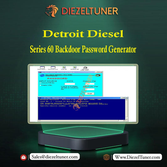 Product image featuring the Detroit Diesel Series 60 Backdoor Password Generator software interface on a computer screen.
