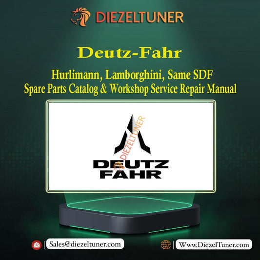 Promotional graphic for Deutz Fahr, Hurlimann, Lamborghini, Same SDF spare parts catalog and workshop service repair manual, featuring the brand logo on a black background with green accents.