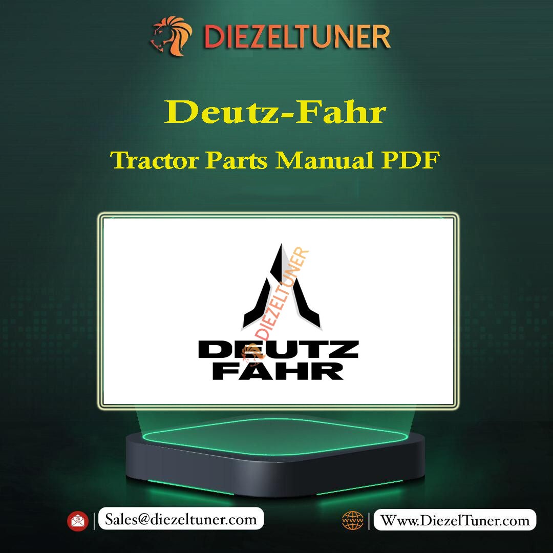 Promotional graphic for Deutz-Fahr Tractor Parts Manual PDF showing the brand's logo against a green background, indicating the product's availability for download.