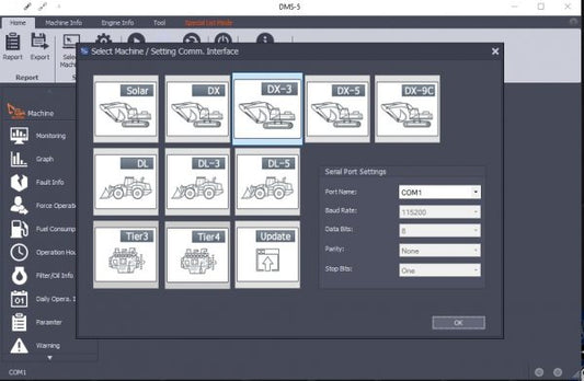 Software interface for selecting a machine and setting communication interface with various machine icons displayed.