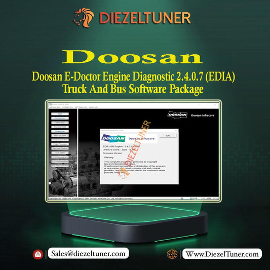 Promotional image featuring the Doosan logo and an advertisement for the Doosan E-Doctor Engine Diagnostic software package, indicating it is for truck and bus use.