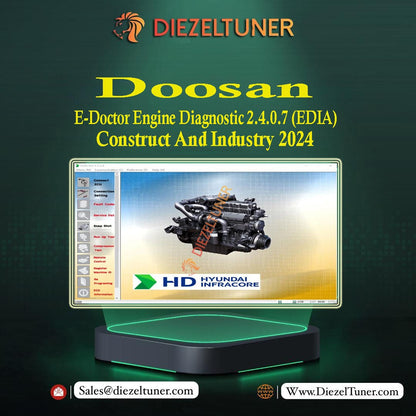 Promotional graphic for Doosan E-Doctor Engine Diagnostic software featuring a representation of an engine and the name of the software with contact information.