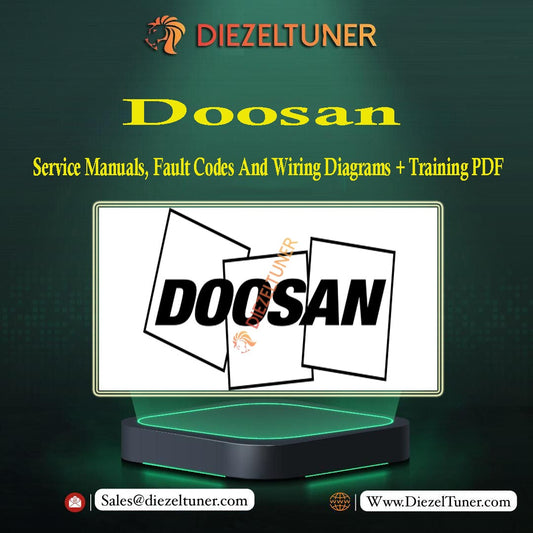 Promotional graphic for Doosan service manuals, fault codes, and wiring diagrams training PDF, featuring the brand logo and text on it.