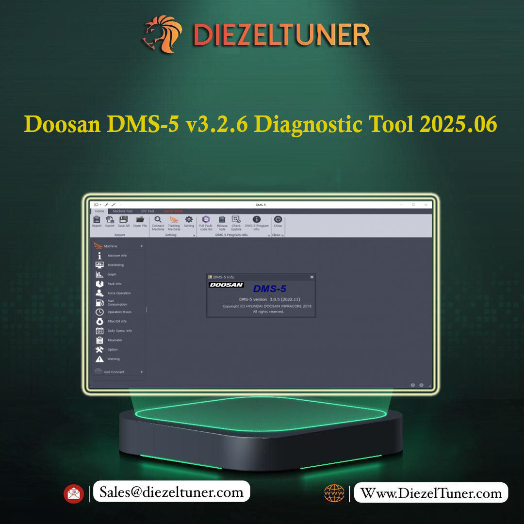 Doosan DMS-5 diagnostic tool software on a computer screen with Diezeltuner branding.