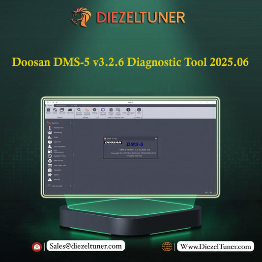 Doosan DMS-5 diagnostic tool software on a computer screen with Diezeltuner branding.