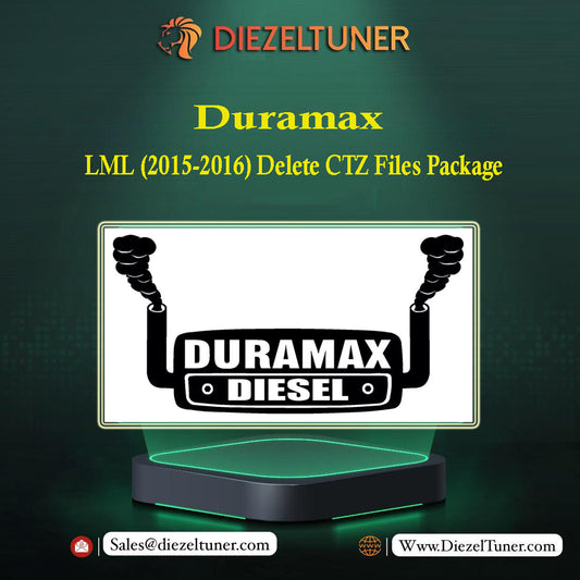 Product image for Duramax LML (2015-2016) Delete CTZ Files Package, featuring a logo with a diesel engine graphic and text, displayed on a LED light box.