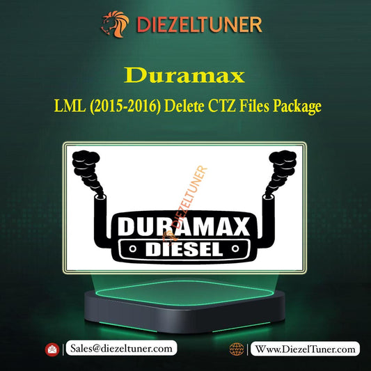 Product image for Duramax LML (2015-2016) Delete CTZ Files Package, featuring a logo with a diesel engine graphic and text, displayed on a LED light box.
