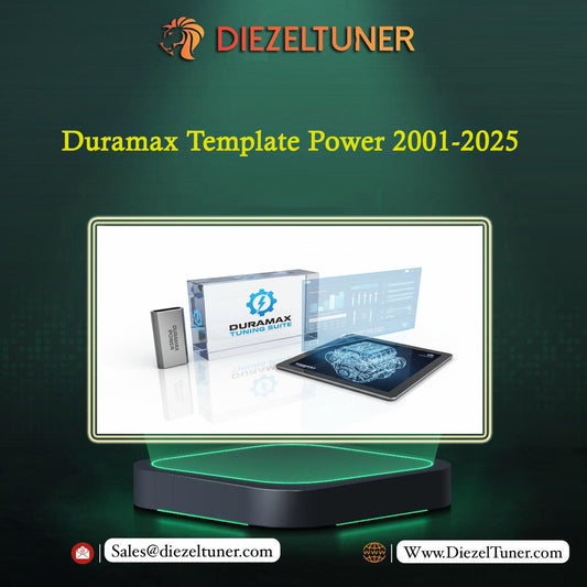 Promotional graphic for Diezeltuner Duramax Template Power with a futuristic design on a dark green background.
