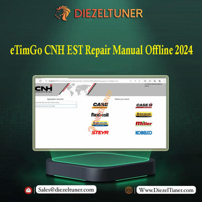Promotional image featuring a digital interface of the eTimGo CNH EST Repair Manual Offline 2024, displayed on a computer monitor with various agricultural equipment brand logos.