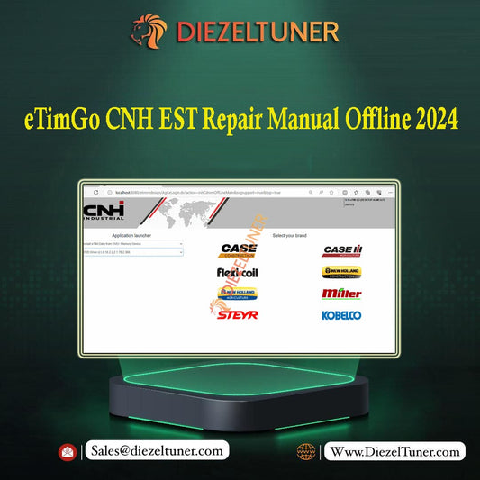 Promotional image featuring a digital interface of the eTimGo CNH EST Repair Manual Offline 2024, displayed on a computer monitor with various agricultural equipment brand logos.