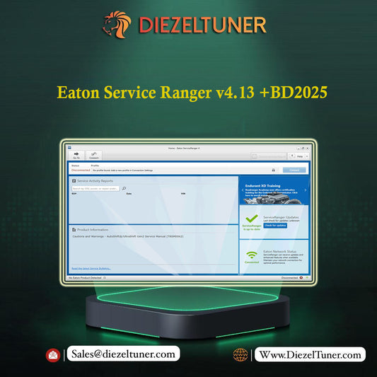 Computer monitor displaying software interface with 'Diezeltuner' branding on a dark green background.