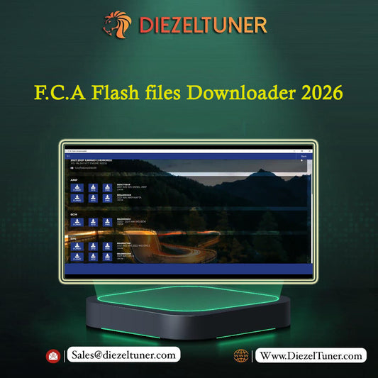 Advertisement for Diezeltuner F.C.A Flash files Downloader 2026 with a computer screen displaying software interface.
