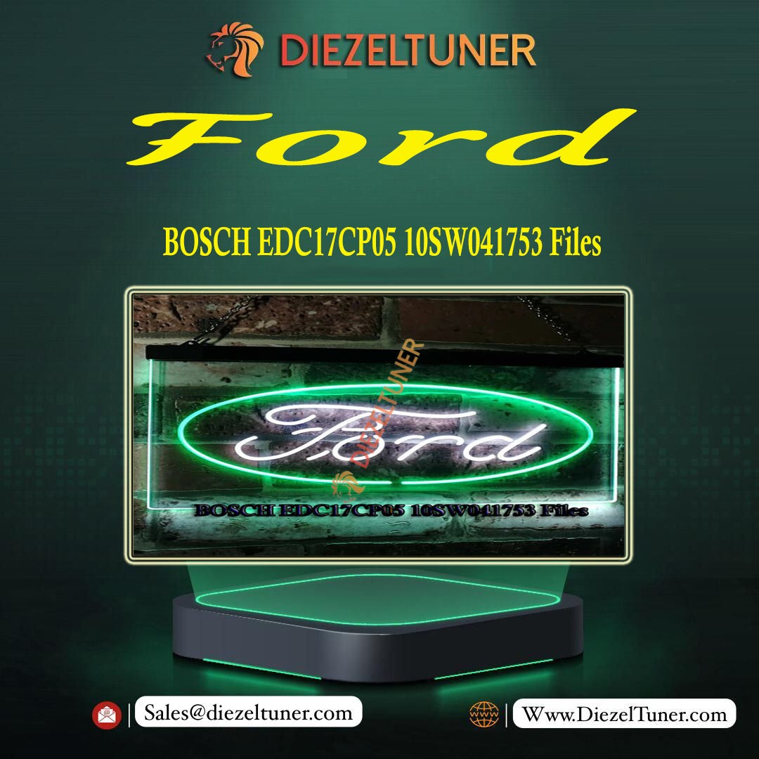 An illuminated sign with the Ford logo illuminated in green, displaying information about Ford EDC17CP05 10SW041753 files.