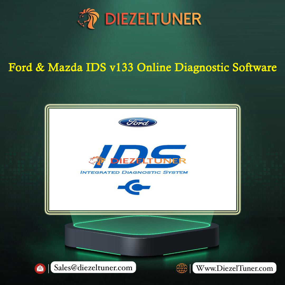Promotional graphic for Diezeltuner Ford & Mazda IDS v133 Online Diagnostic Software, featuring a computer monitor mockup displaying the Ford IDS logo on a dark green background with yellow text.