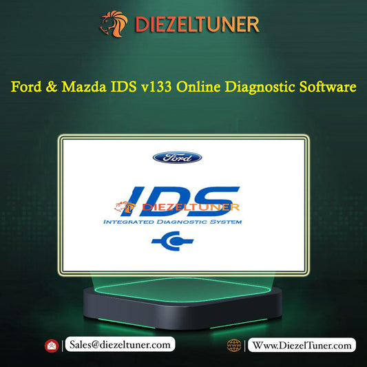 Promotional graphic for Diezeltuner Ford & Mazda IDS v133 Online Diagnostic Software, featuring a computer monitor mockup displaying the Ford IDS logo on a dark green background with yellow text.