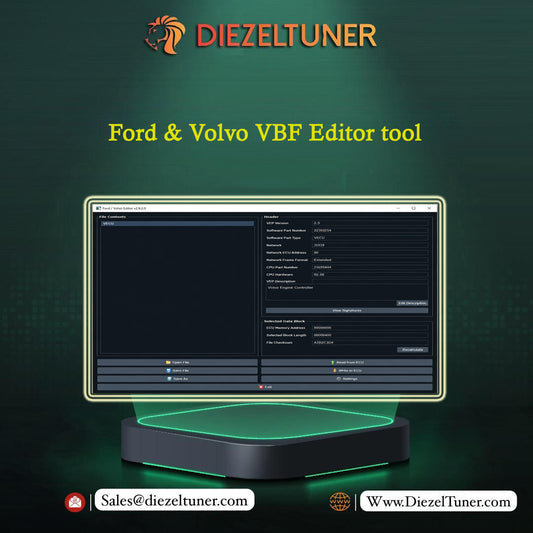Advertisement for Diezeltuner Ford & Volvo VBF Editor tool with a computer screen displaying software interface on a dark green background.