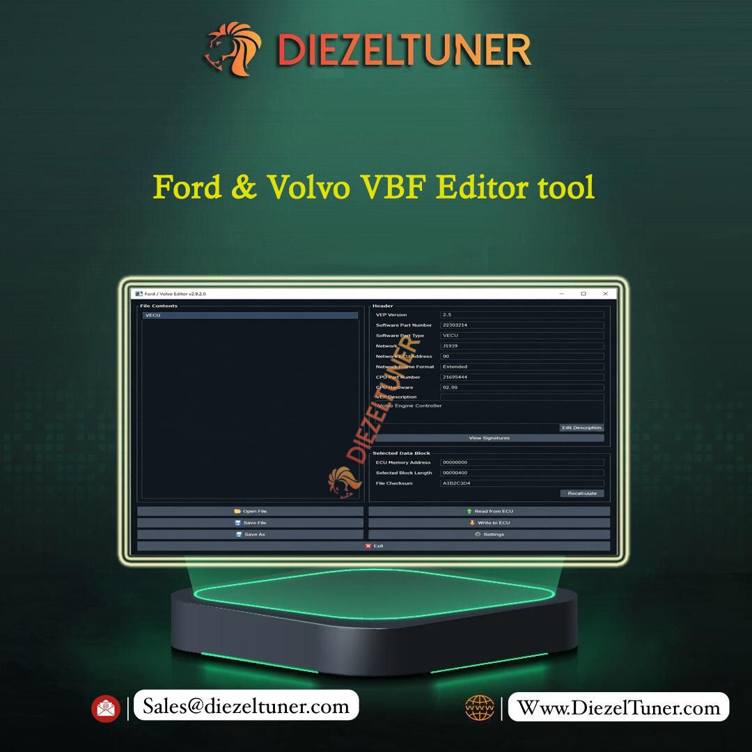 Advertisement for Diezeltuner Ford & Volvo VBF Editor tool with a computer screen displaying software interface on a dark green background.