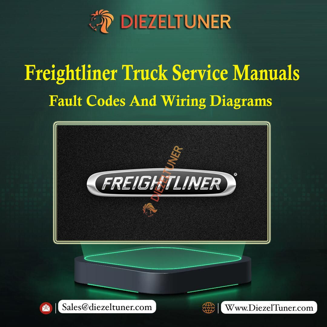 Promotional graphic for Freightliner Truck Service Manuals featuring the Freightliner logo on a black background with green highlights.