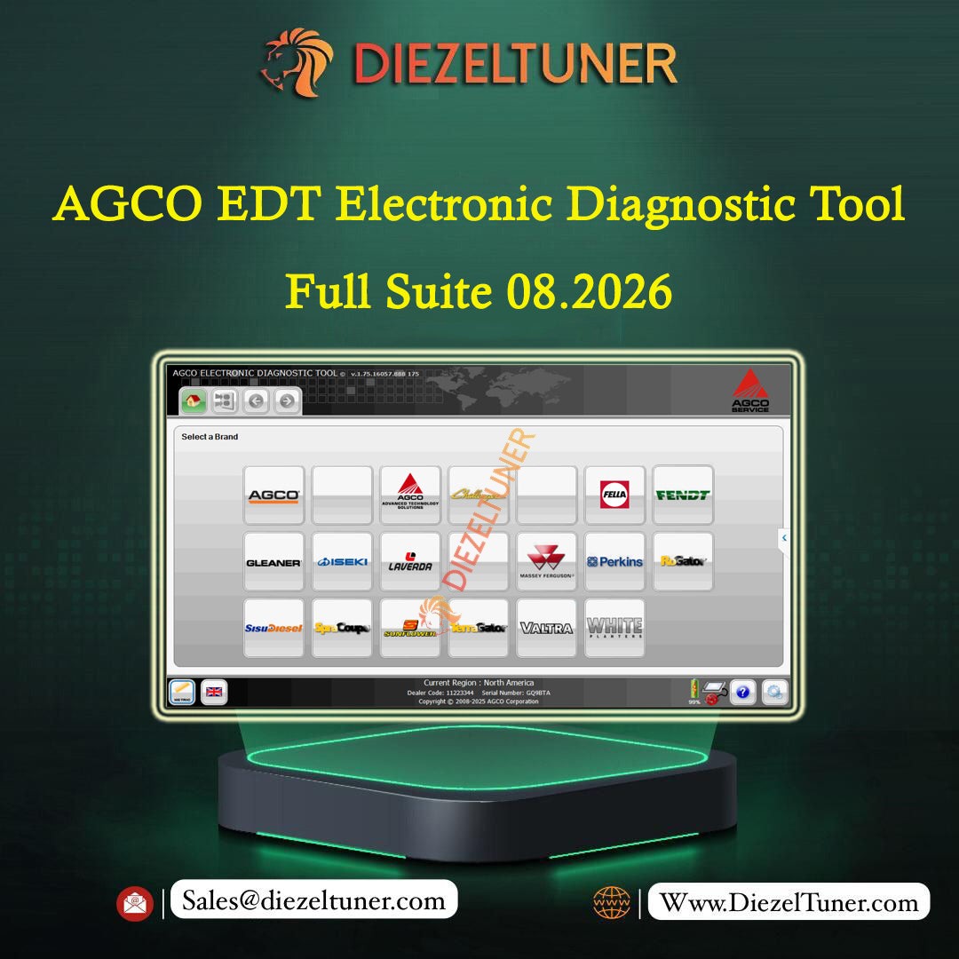 Promotional graphic for the DIEZELTUNER AGCO EDT Electronic Diagnostic Tool, showing a computer monitor with diagnostic software interface and a black diagnostic scanner device below on a dark green background.