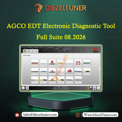 Promotional graphic for the DIEZELTUNER AGCO EDT Electronic Diagnostic Tool, showing a computer monitor with diagnostic software interface and a black diagnostic scanner device below on a dark green background.