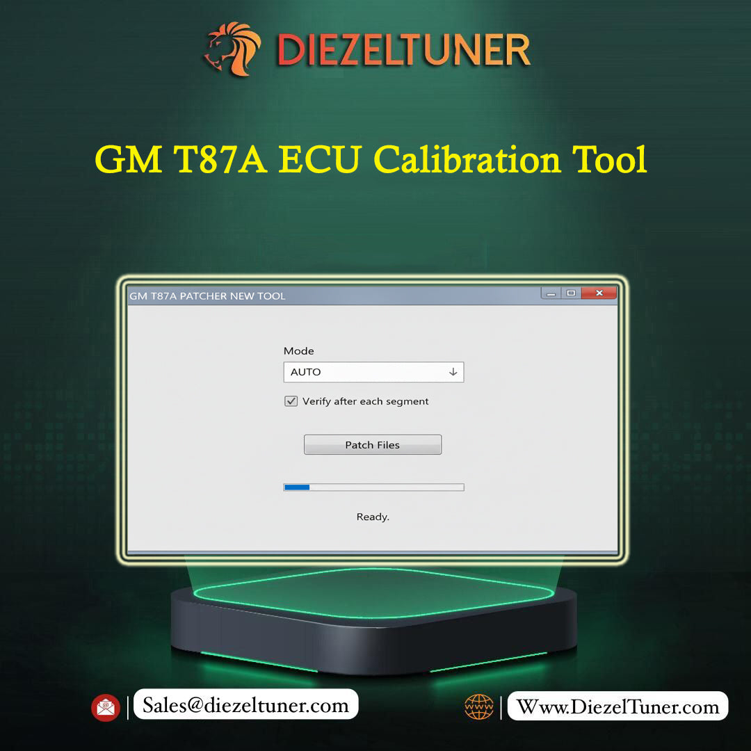 GM T87A Patcher new tool display with Diezeltuner branding on a dark green background.