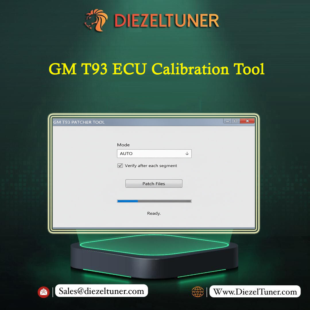 GM T93 Patcher Tool interface displayed on a computer screen with Diezeltuner branding.