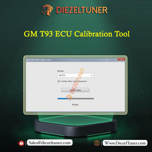GM T93 Patcher Tool interface displayed on a computer screen with Diezeltuner branding.