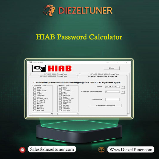 HIAB Password Calculator software on a computer screen with Diezeltuner branding.