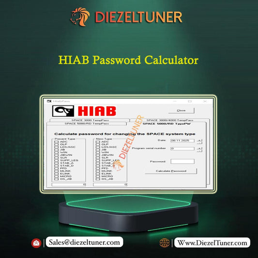 HIAB Password Calculator software on a computer screen with Diezeltuner branding.