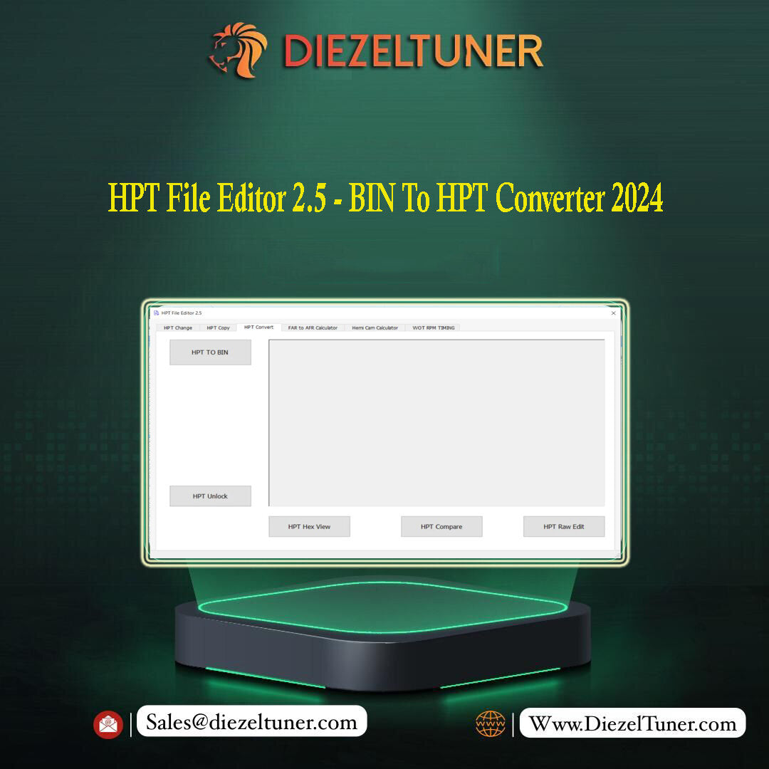 Promotional graphic for HPT File Editor 2.5 - BIN To HPT Converter 2024 featuring the software interface and the brand logo.