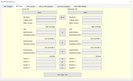 Software interface for an HPT file editor with various fields and buttons.