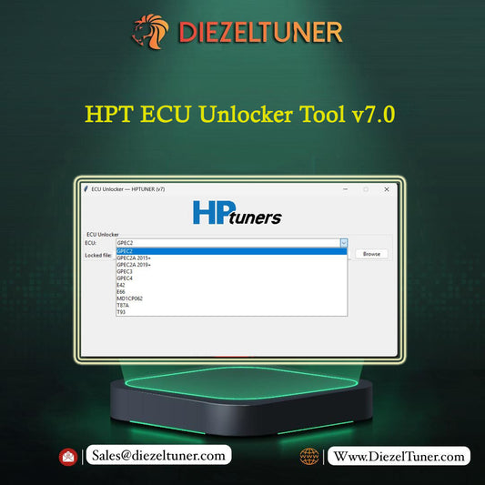 HPT ECU Unlocker Tool v7.0 displayed on a screen with Diezeltuner branding.