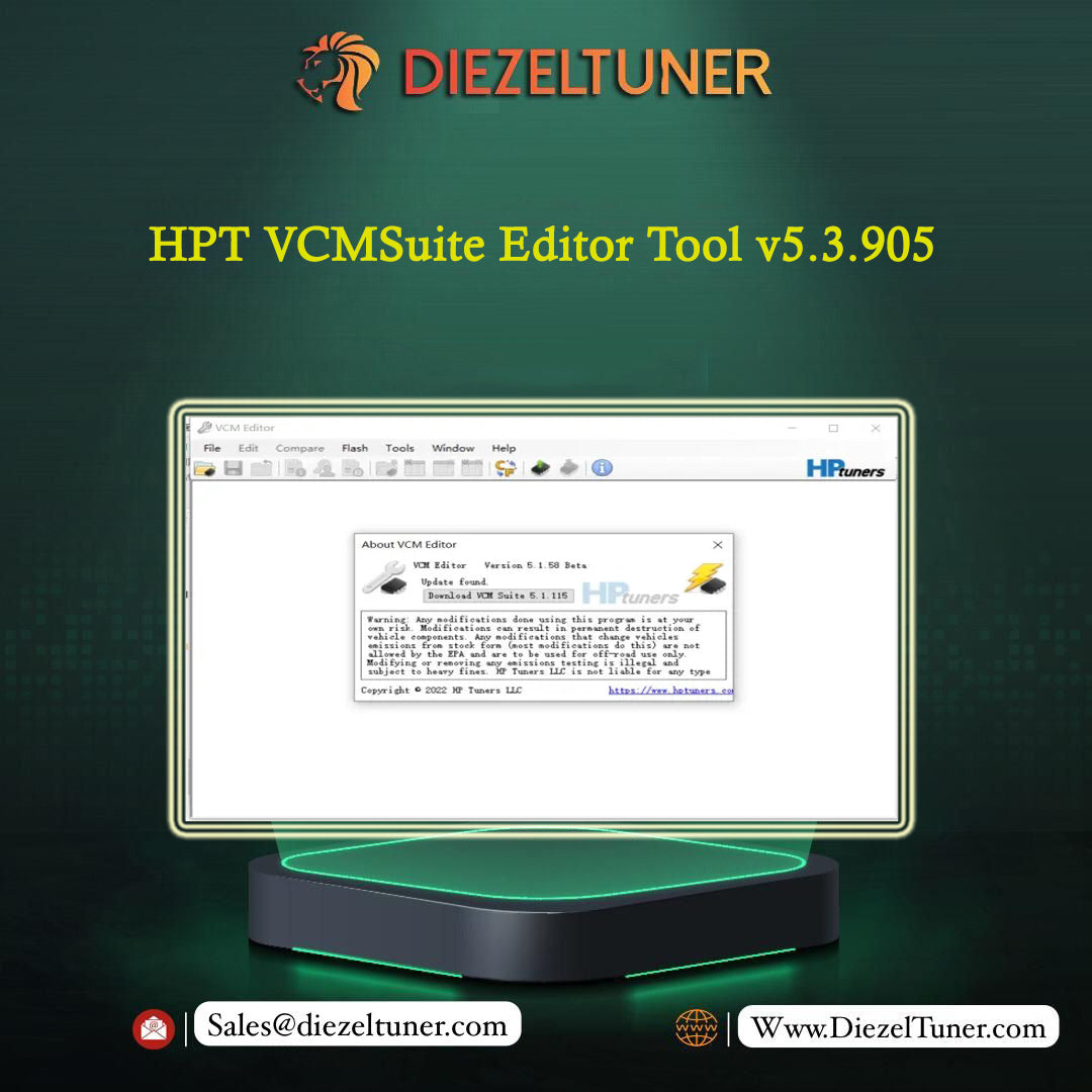 Promotional graphic for Diezeltuner HPT VCMSuite Editor Tool v5.3.