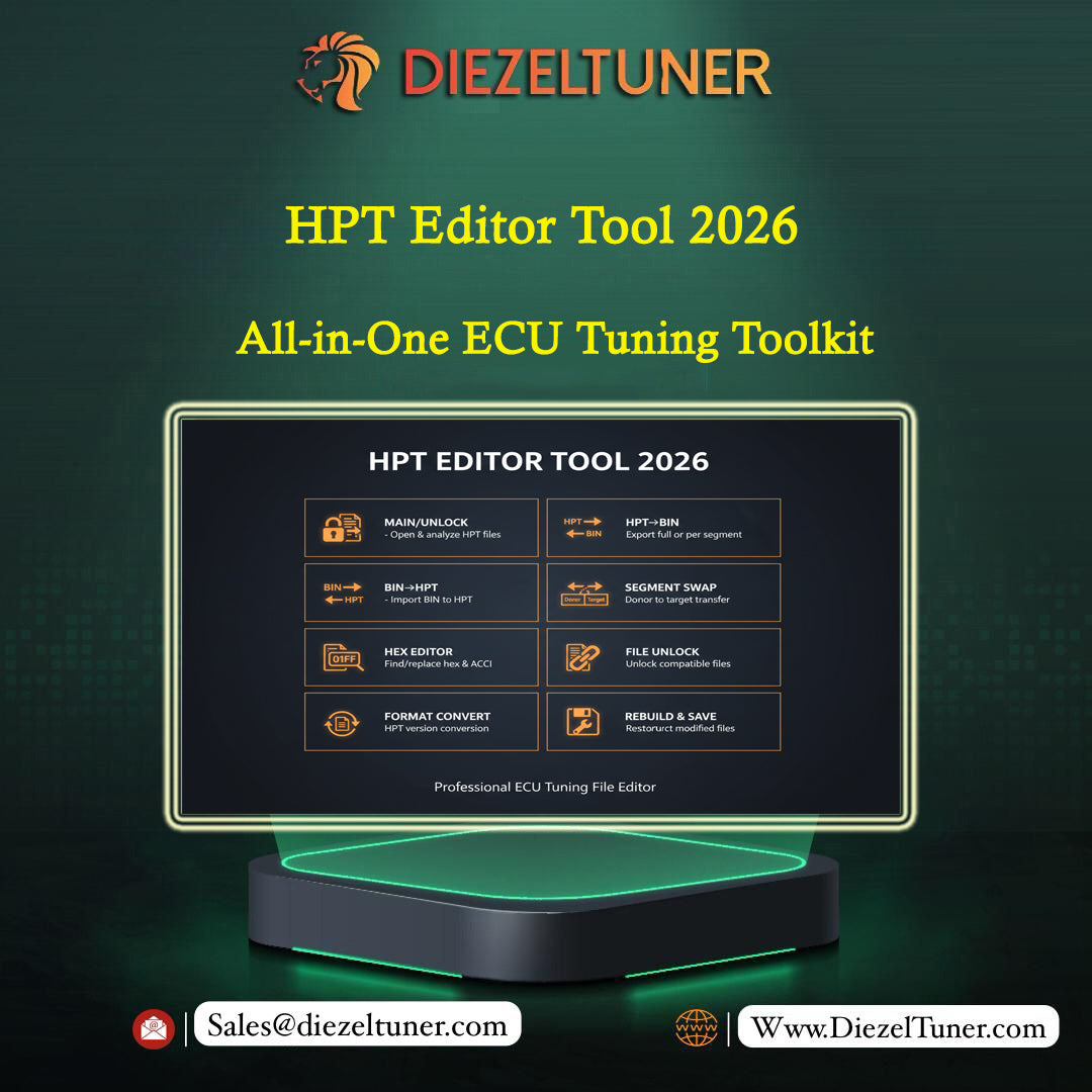 Promotional graphic for Diezeltuner HPT Editor Tool 2026, an all-in-one ECU tuning toolkit. The image features a dark green textured background with the brand name 'DIEZELTUNER' at the top and contact details at the bottom.