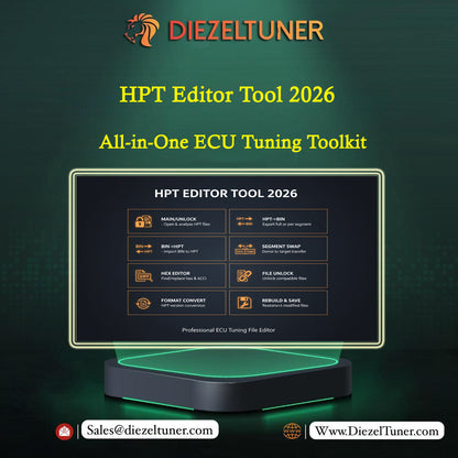 Promotional graphic for Diezeltuner HPT Editor Tool 2026, an all-in-one ECU tuning toolkit. The image features a dark green textured background with the brand name 'DIEZELTUNER' at the top and contact details at the bottom.