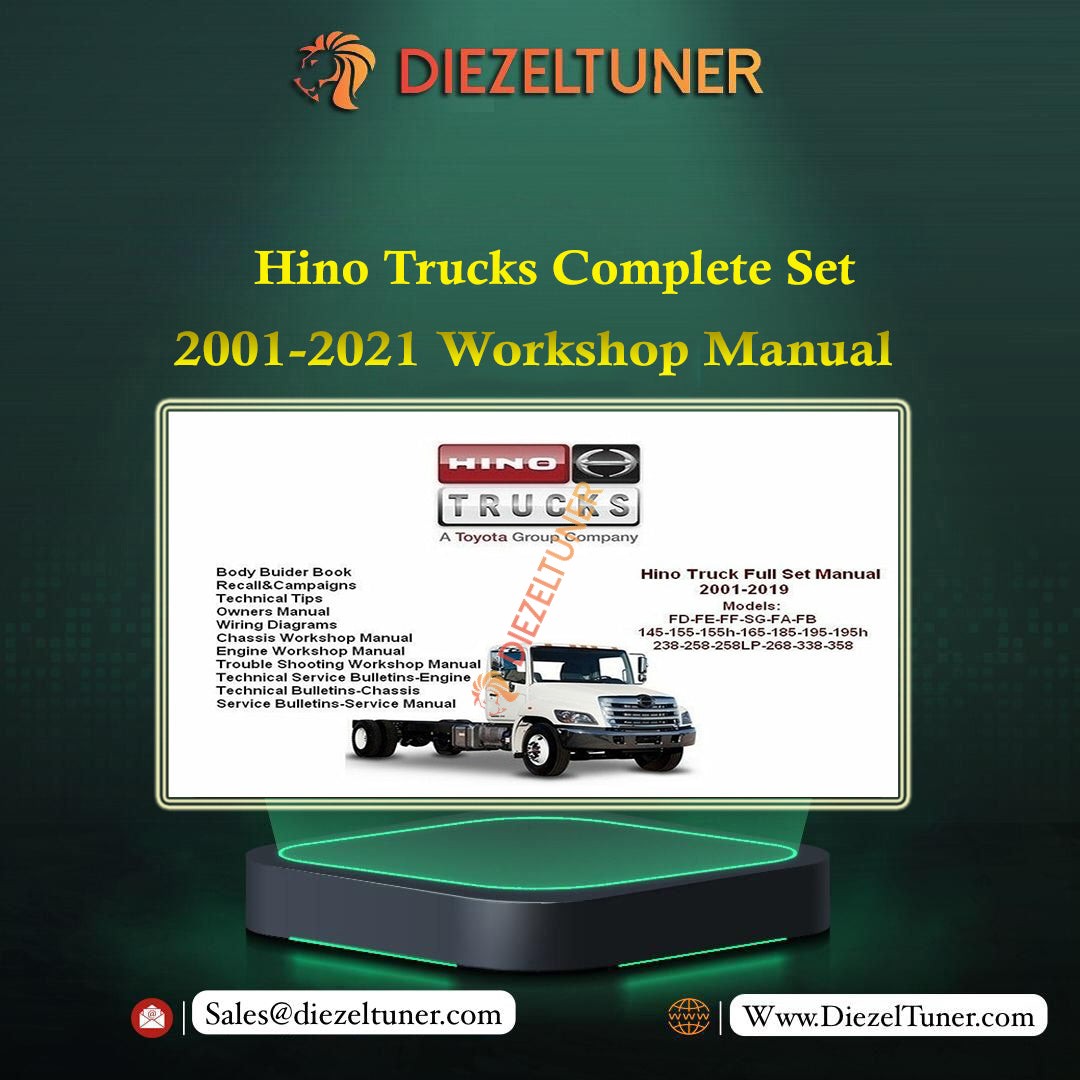 Cover of the Hino Trucks Complete Set 2001-2021 Workshop Manual, featuring a white Hino truck on a dark background.