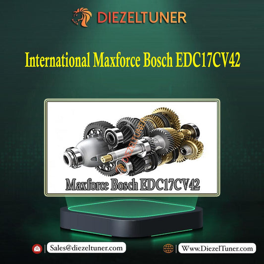 Product image featuring the International Maxforce Bosch EDC17CV42, showcasing a detailed illustration of an engine component, likely a turbocharger, on a branded platform.
