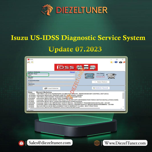 Promotional image featuring the Isuzu US-IDSS Diagnostic Service System software interface displayed on a computer monitor, with the logo 'DIEZELTUNER' at the top and a call to action for more information at the bottom.
