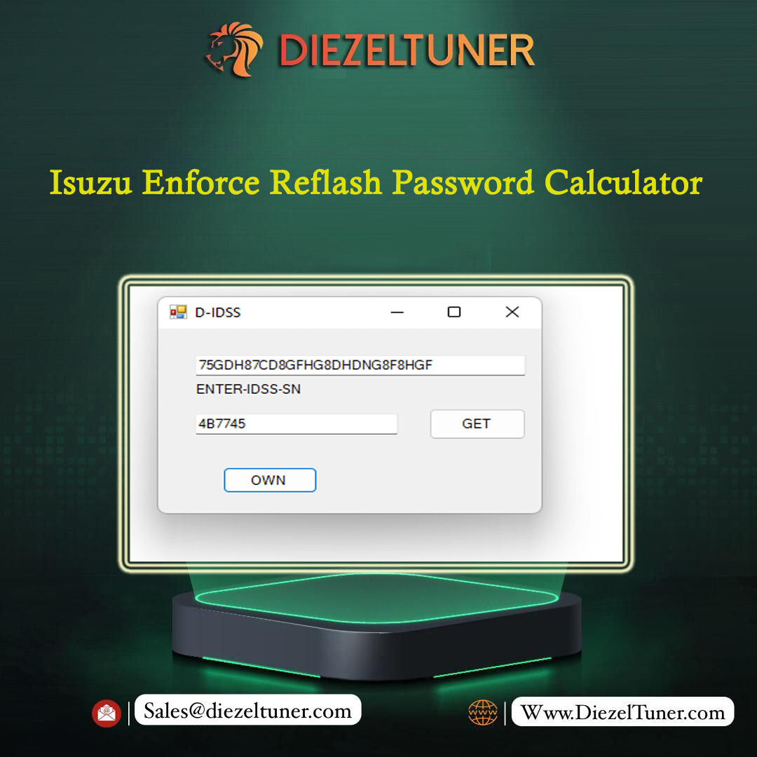 Isuzu Enforce Reflash Password Calculator software interface on a dark background with Diezeltuner branding.