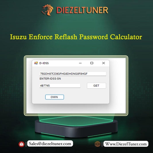 Isuzu Enforce Reflash Password Calculator software interface on a dark background with Diezeltuner branding.